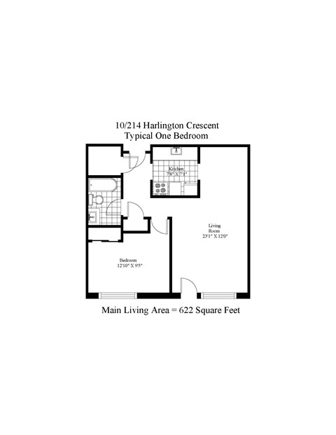 Floor plan for 1 bed, 1 bath, 622 sqft